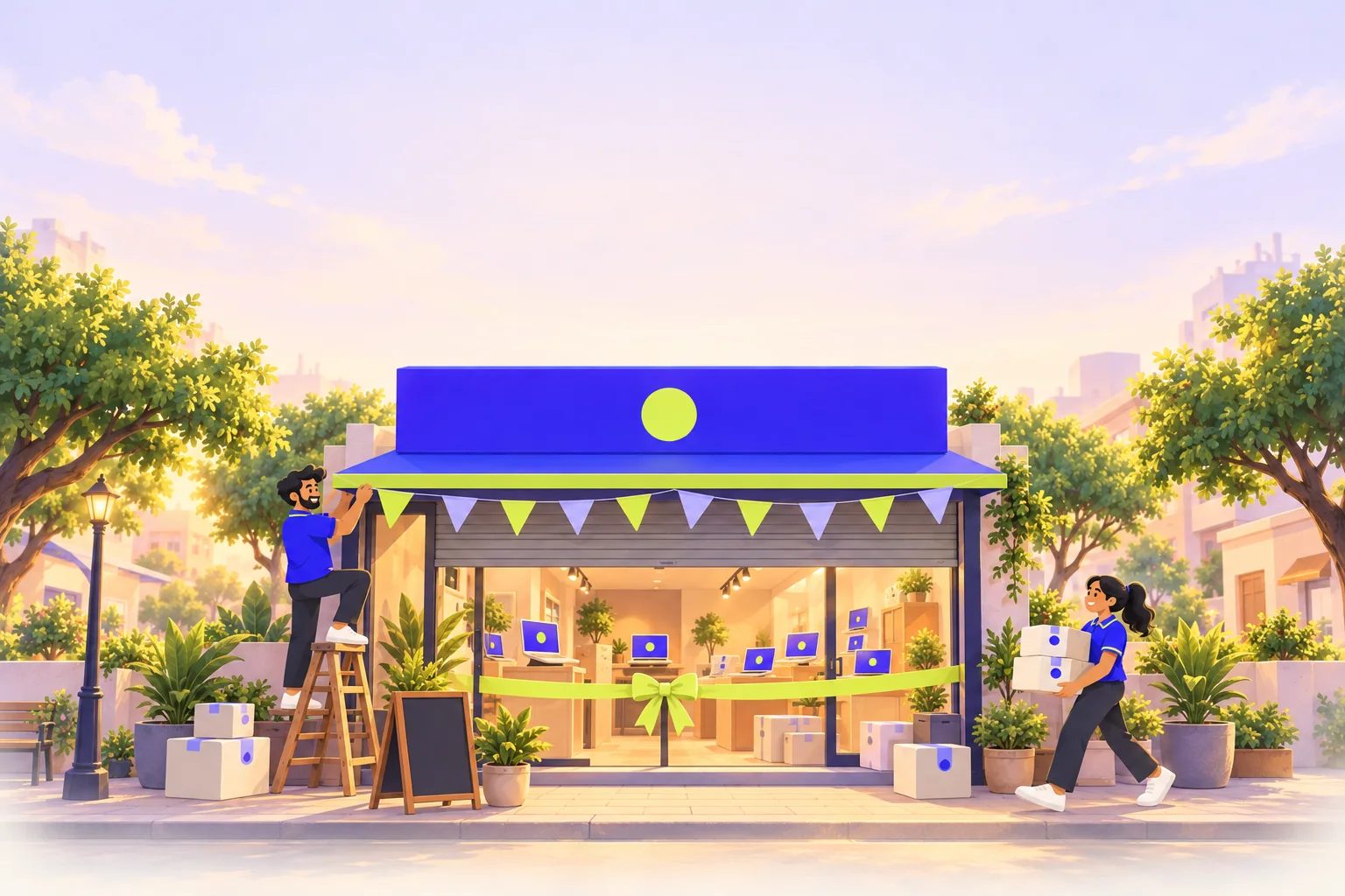 Illustration of the SuperLaps studio getting ready to open, with a specialist hanging bunting, another carrying boxes, and a ribbon across the door.